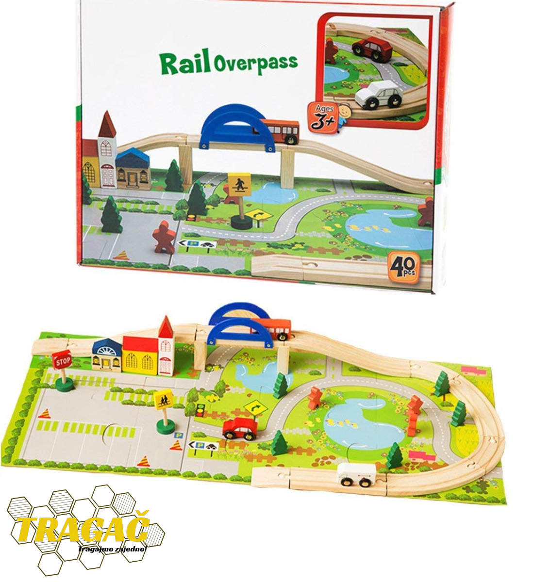 Igracka drveni grad za decu - Rail Overpass - 40 delova